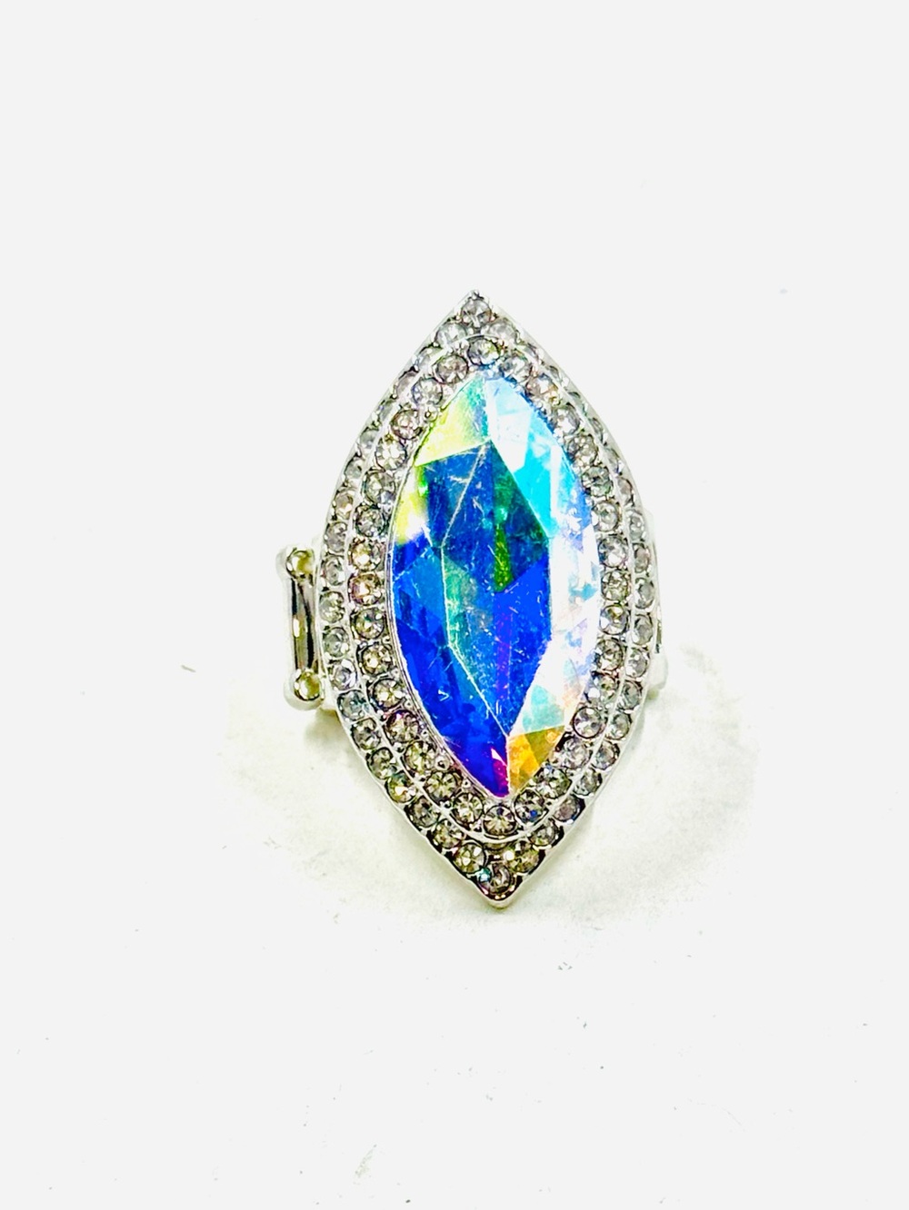 Large Marquise Cut Aurora AB Crystal W/Clear Crystal Halo Cocktail Ring Adj